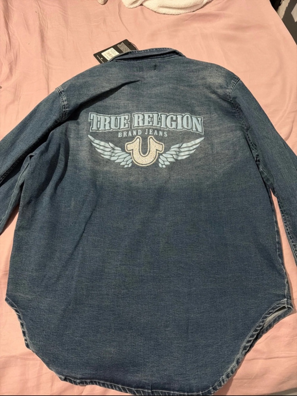 True Religion Men's Denim Button-Down Shirt Jacket in Blue with Logo
